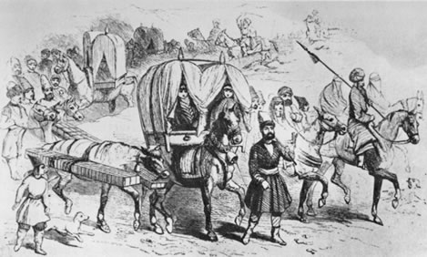 Drawing of a kajavih (howdah), a common mode of travel in Iran in the mid-1800s.