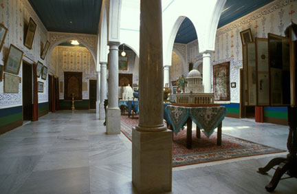 The central hall of the upper floor of the Mansion at Bahjí. After the mansion was restored in the 1930s, the furnishings were put in place by Shoghi Effendi, the great-grandson of Bahá’u’lláh and Guardian of the Bahá'í Faith.